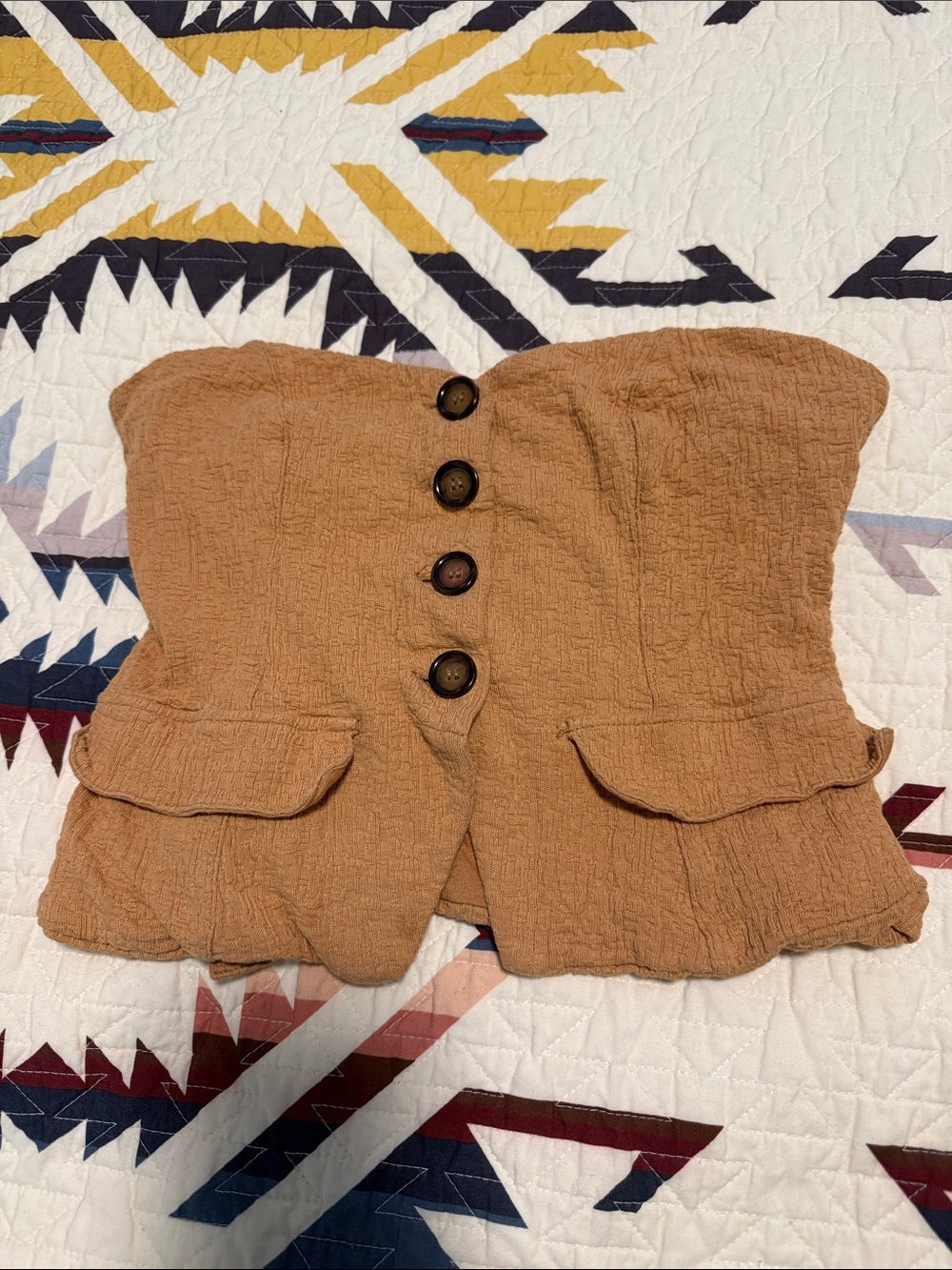 Anthropologie Textured Strapless Crop Top in Camel Brown with Buttons